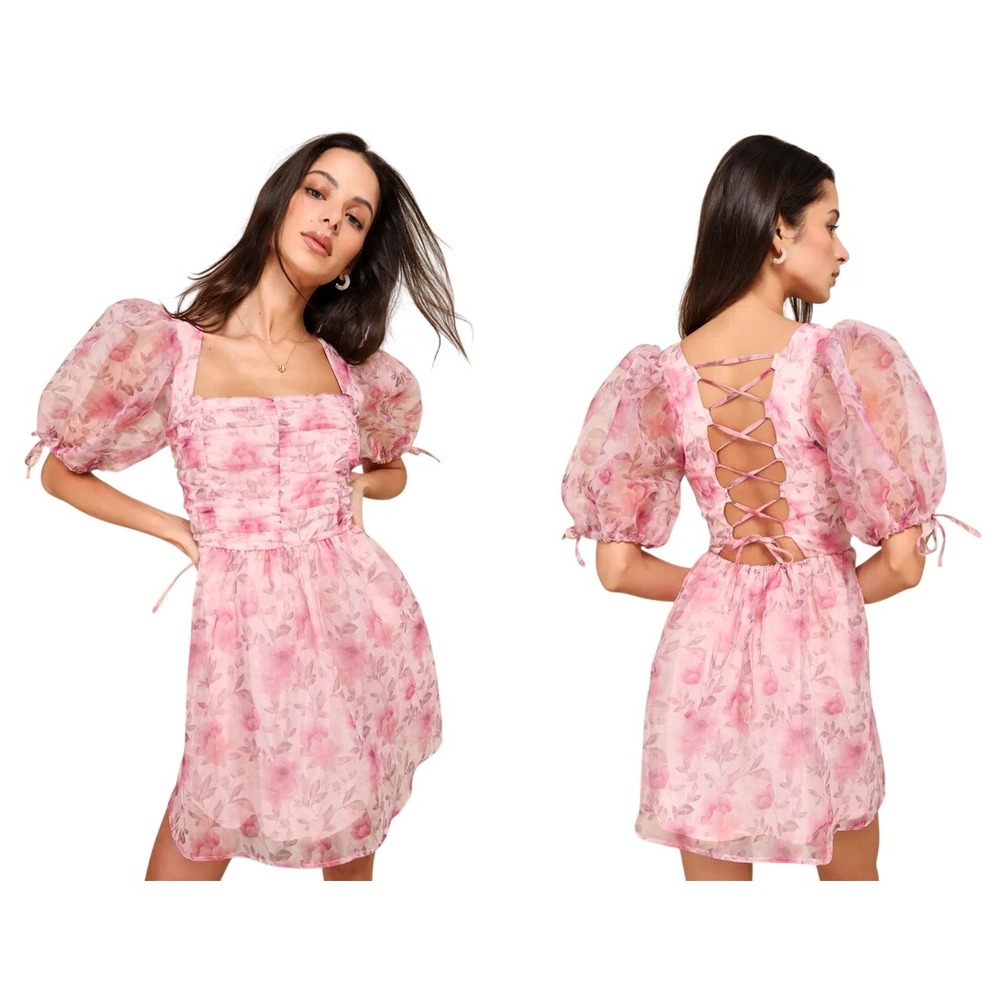 Lulus Women Perfect Sentiments Organza Mini Dress XL Pink Floral Puff Sleeve NWT